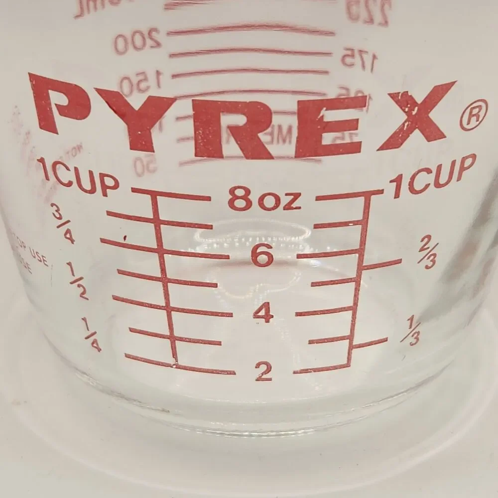 VTG PYREX One Cup Glass Measuring Cup Metric Ounces Red Letters #508 USA Exc